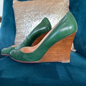 Vintage Emerald green leather Louboutin wedges with stacked leather wrapped heel